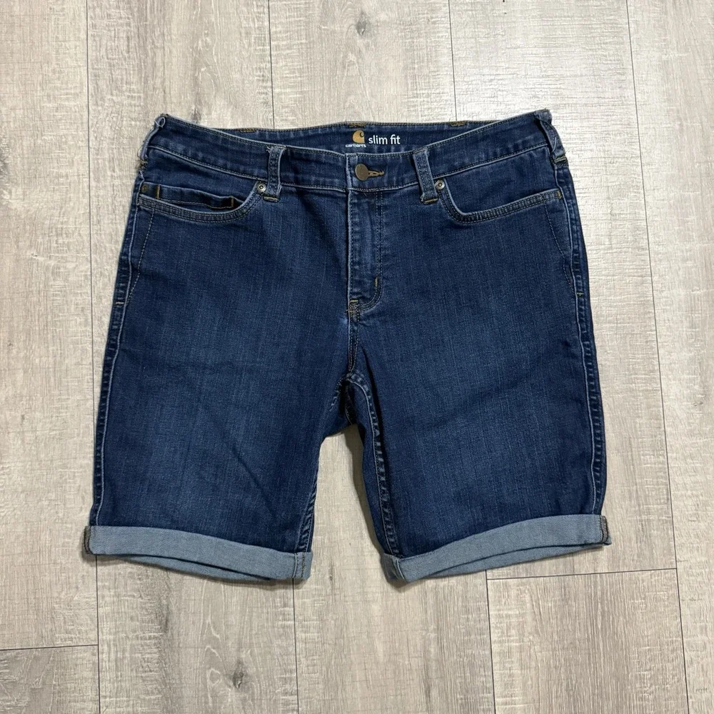 Carhartt Jean Shorts Slim Fit Skinny Leg Dark Blue Cuffed Stretch Women's 12